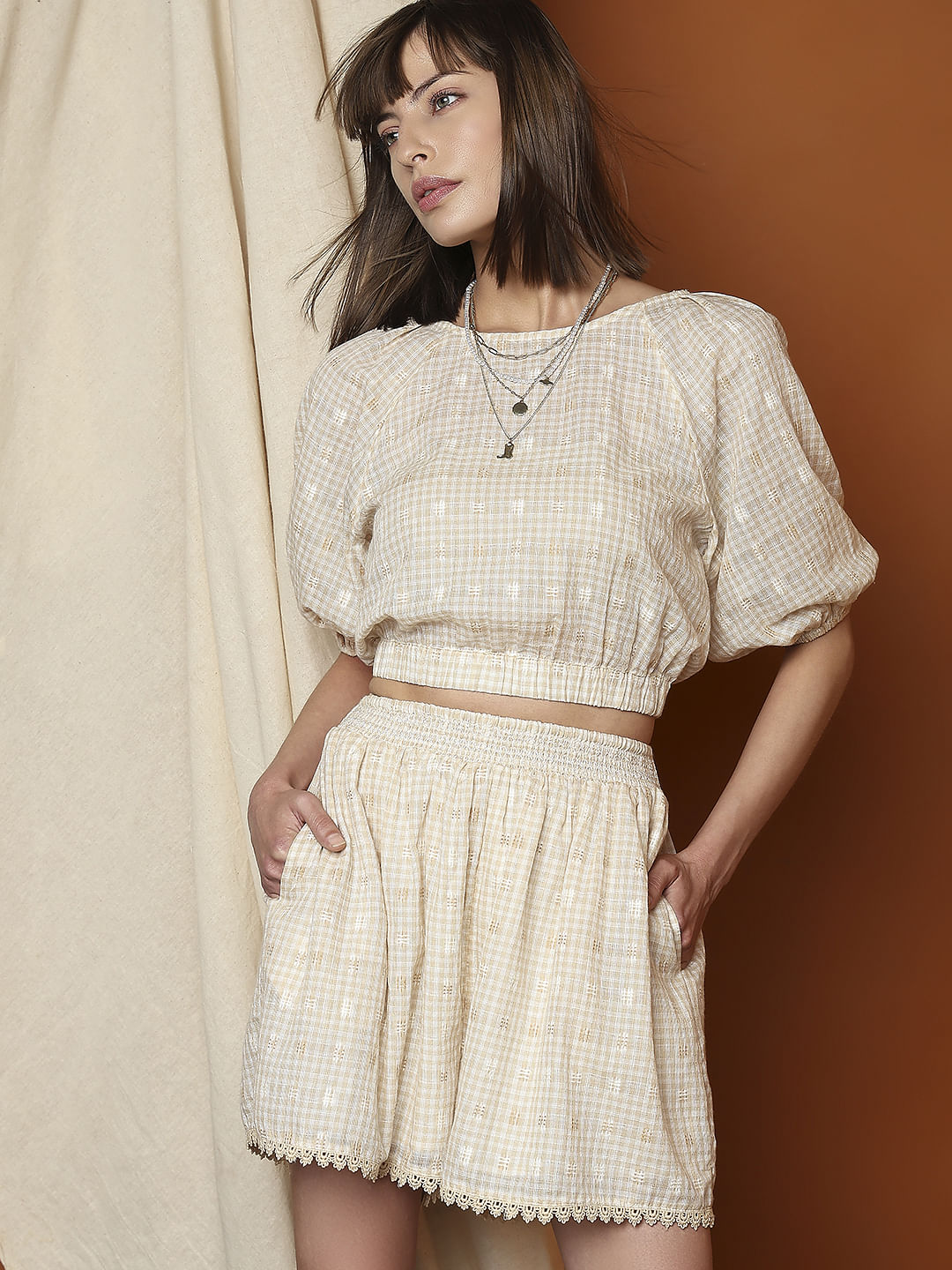 Beige Check Cropped Co-Ord Set Top