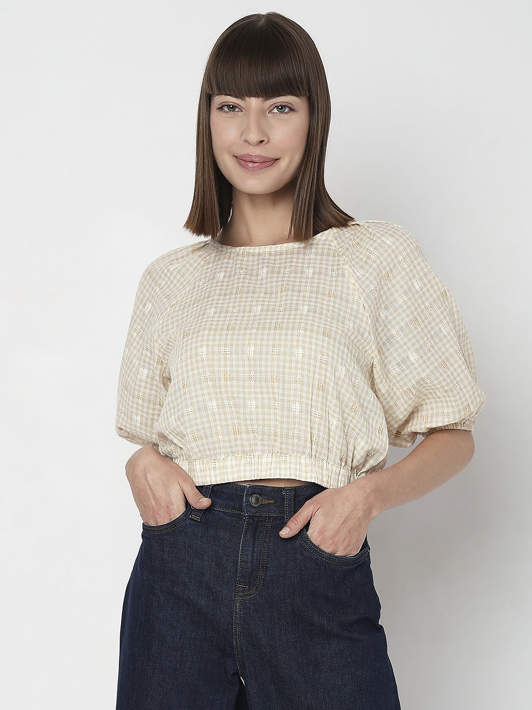 Beige Check Cropped Co-Ord Set Top