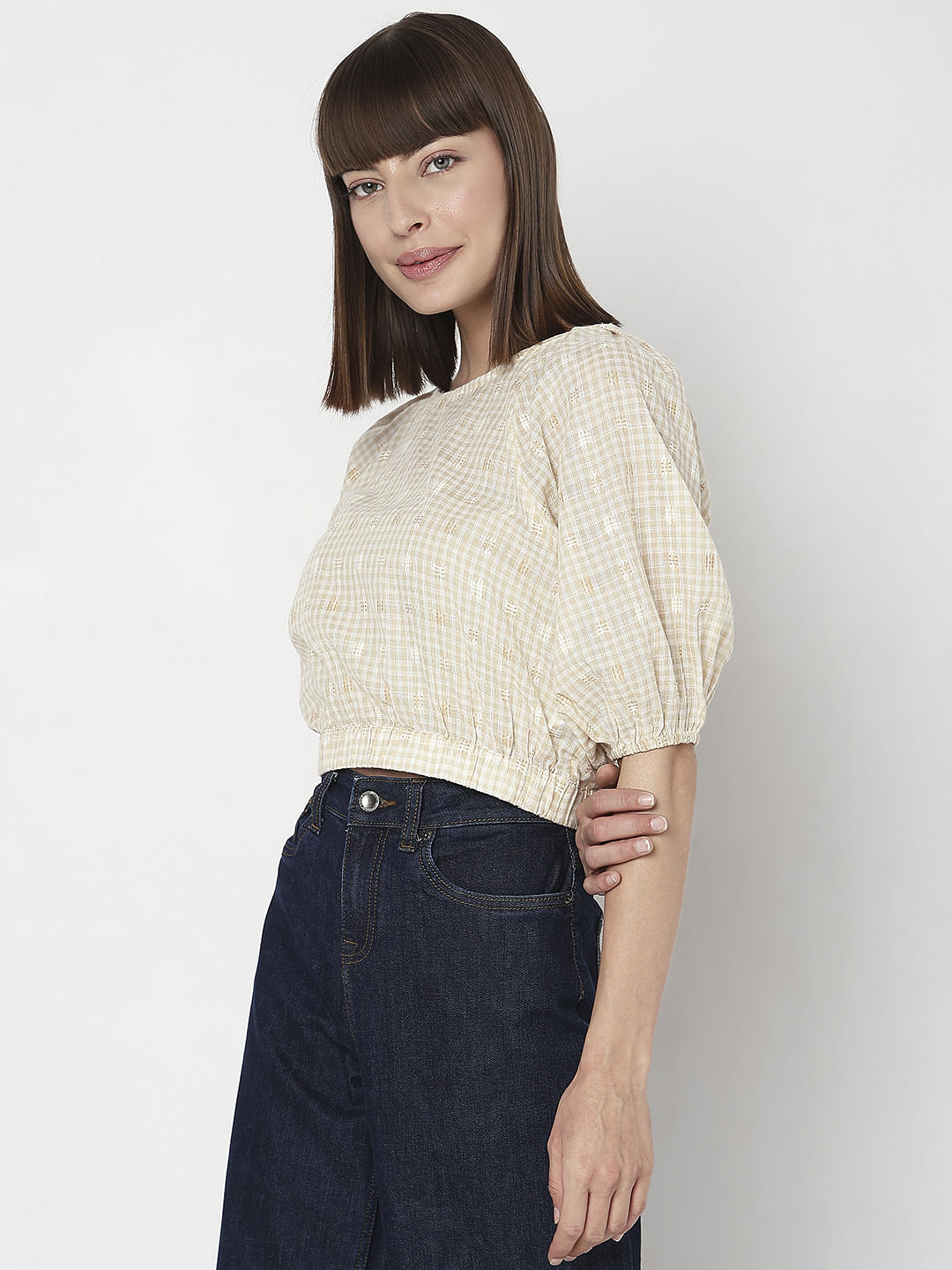 Beige Check Cropped Co-Ord Set Top