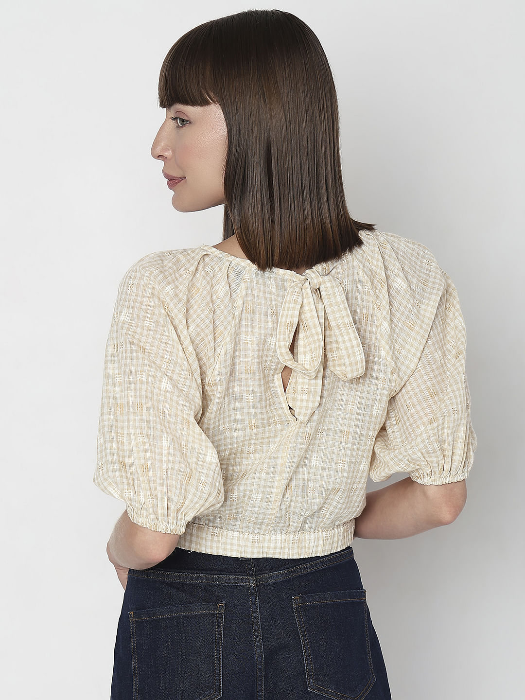 Beige Check Cropped Co-Ord Set Top