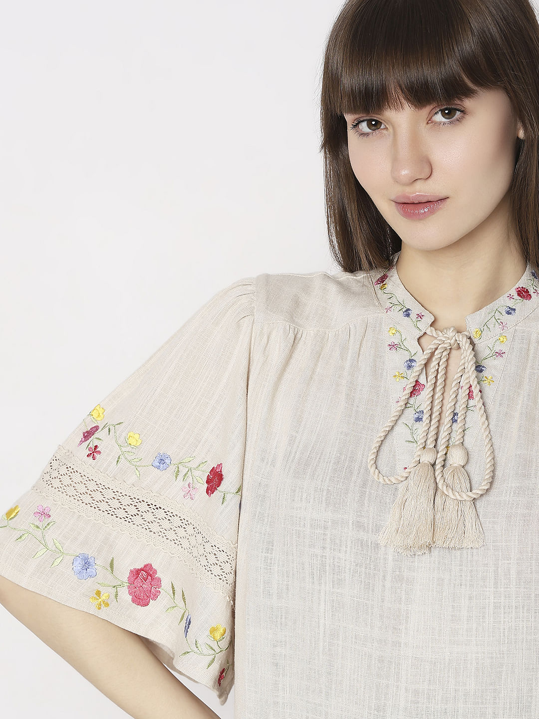 Beige Floral Embroidered Top