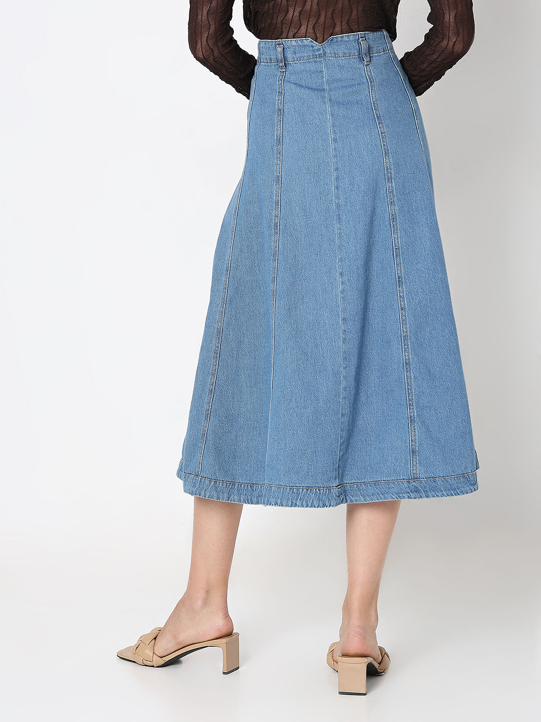 Blue High Rise Midi Denim Skirt