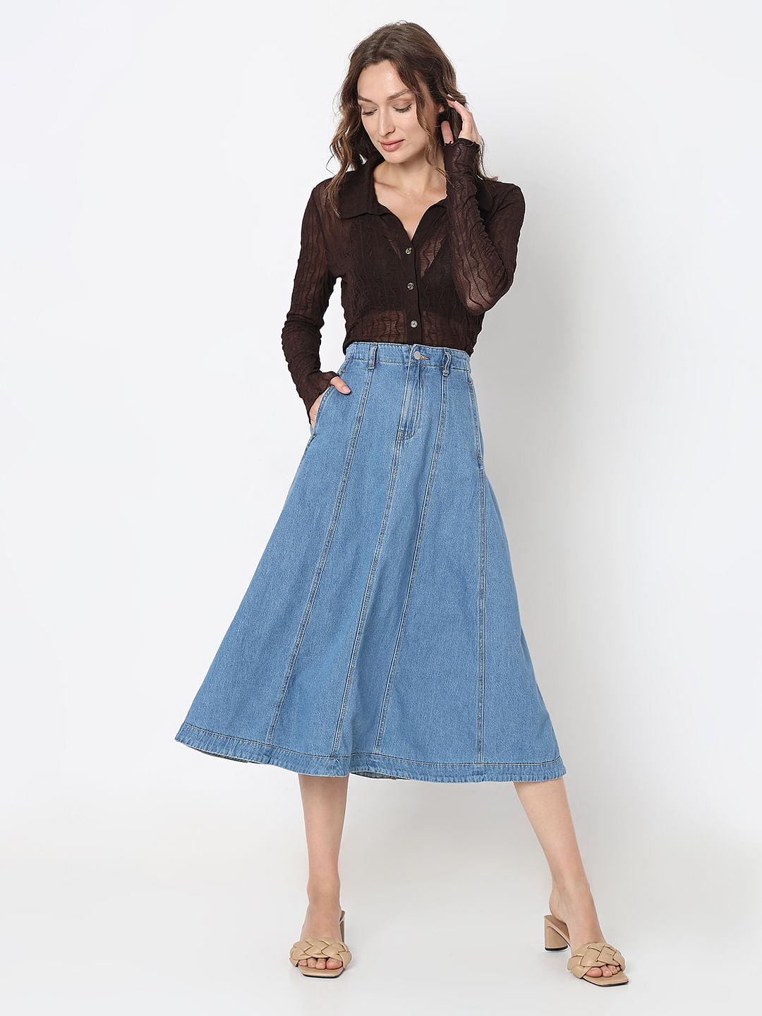 Blue High Rise Midi Denim Skirt