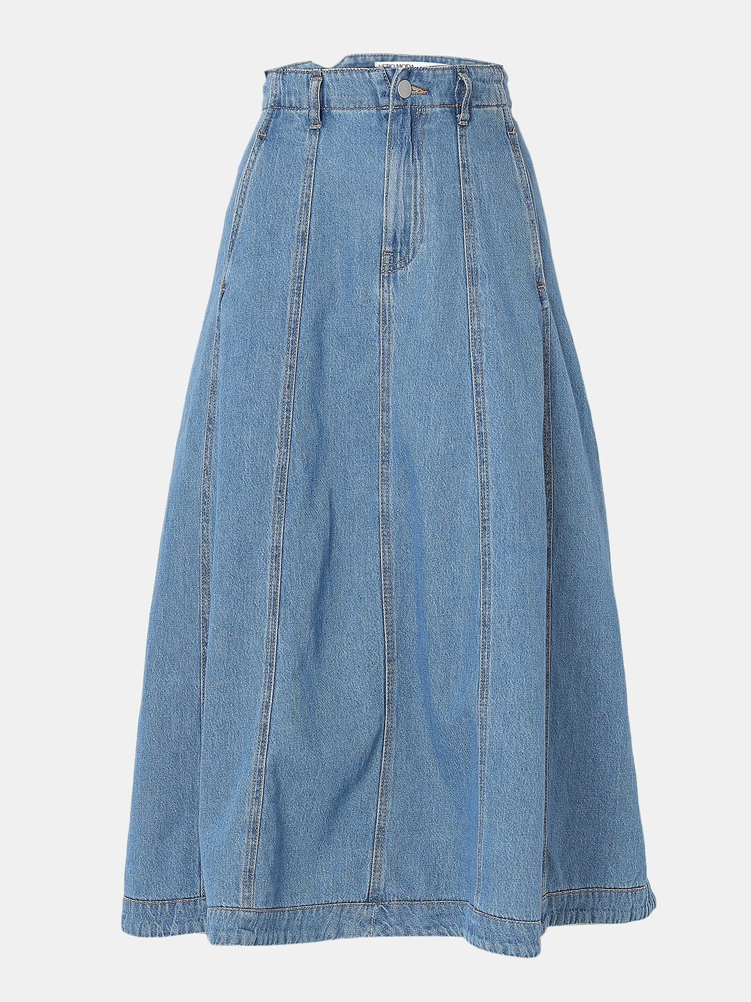 Blue High Rise Midi Denim Skirt