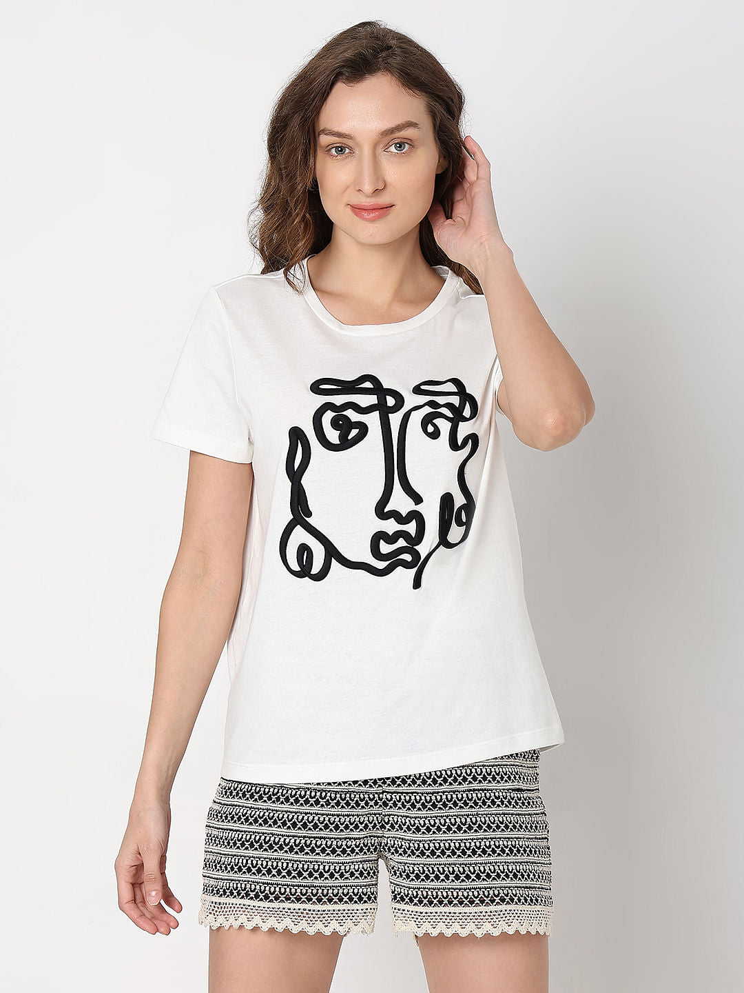 White Face Embroidered Print T-Shirt