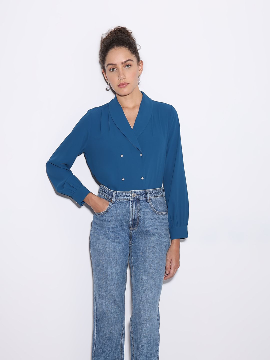 Blue Shawl Collar Top