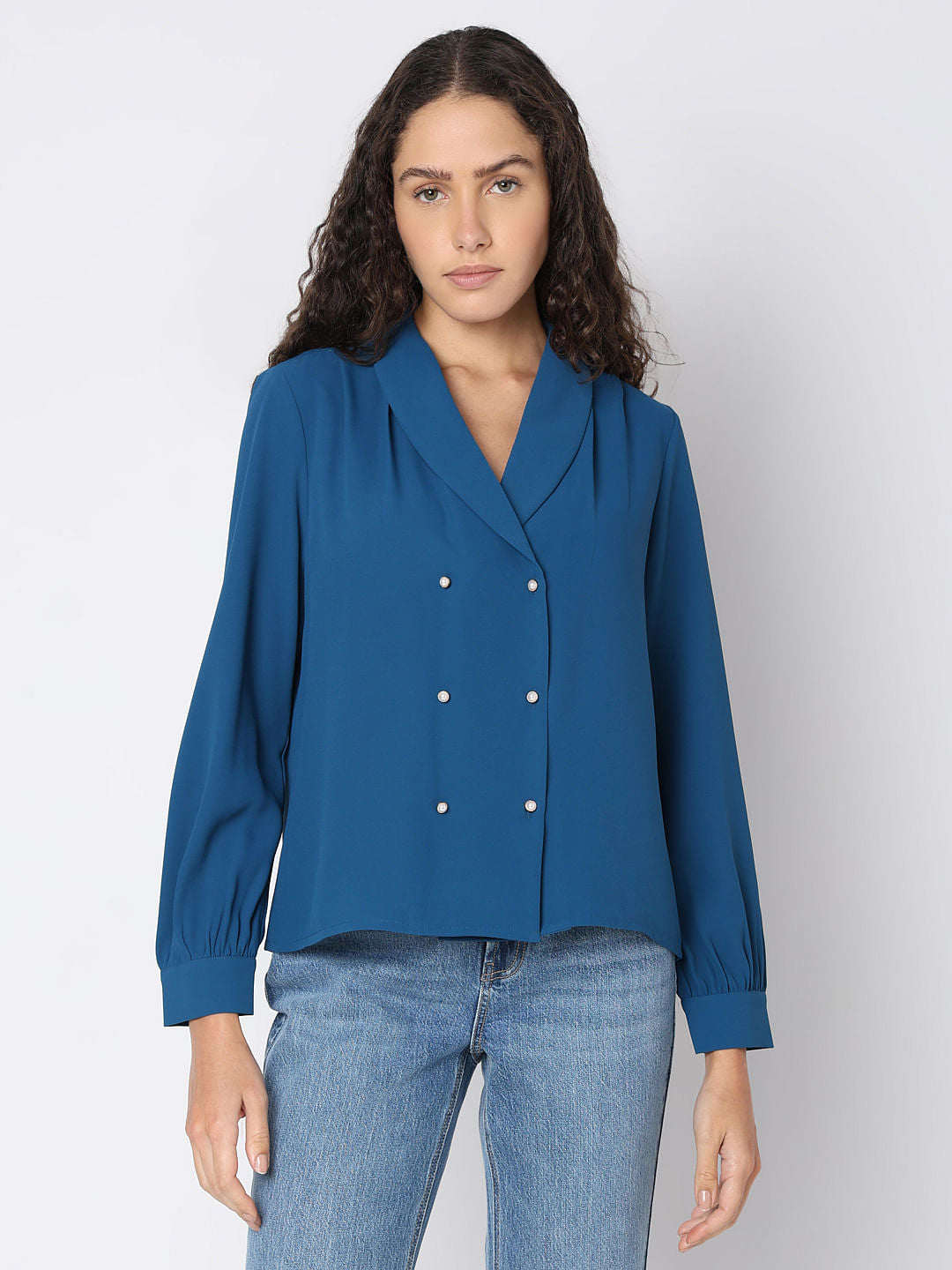 Blue Shawl Collar Top