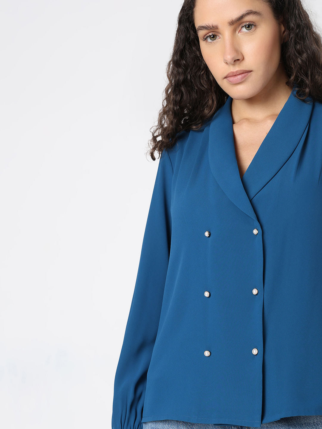 Blue Shawl Collar Top