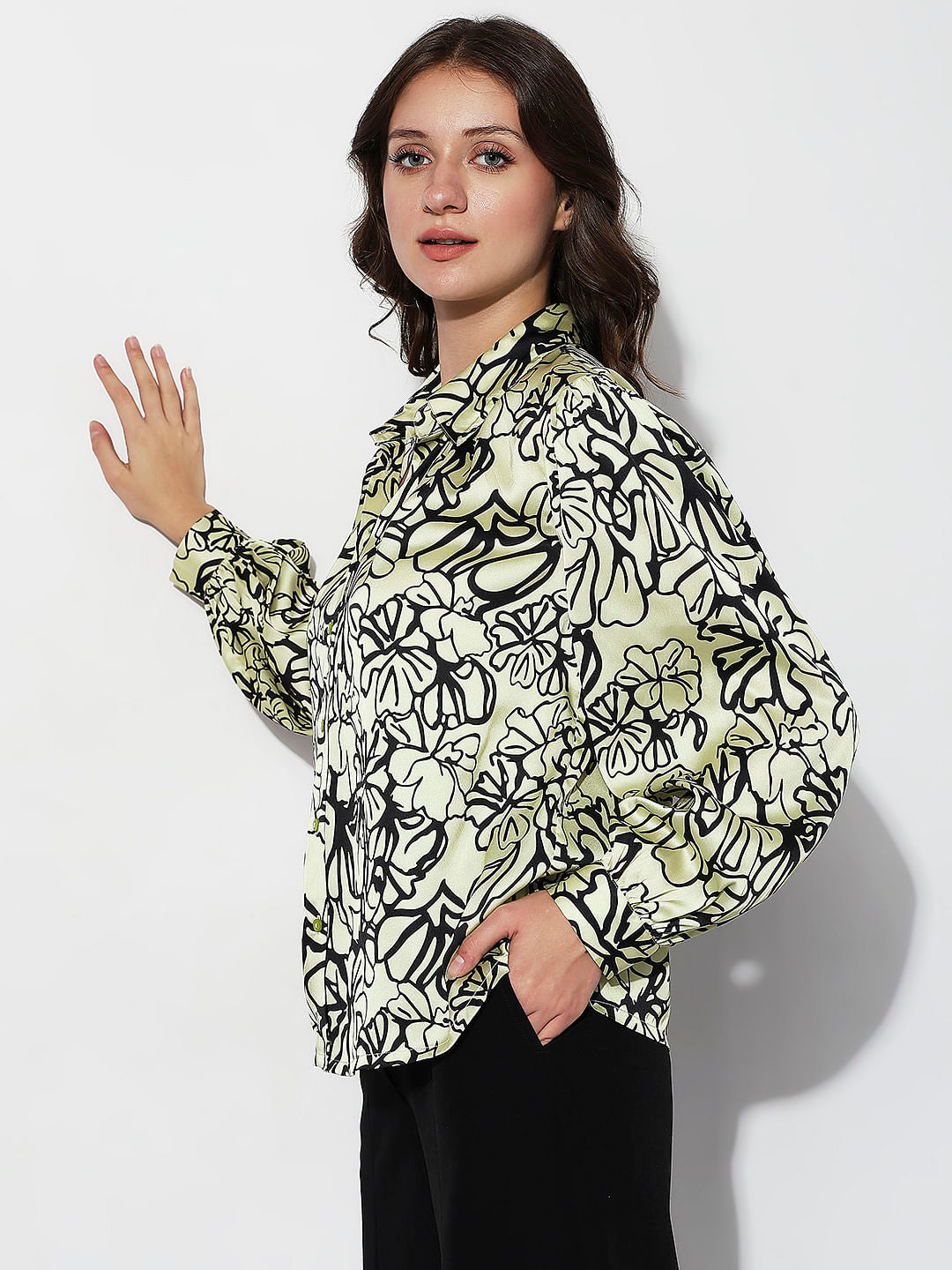 Green Floral Print Satin Shirt