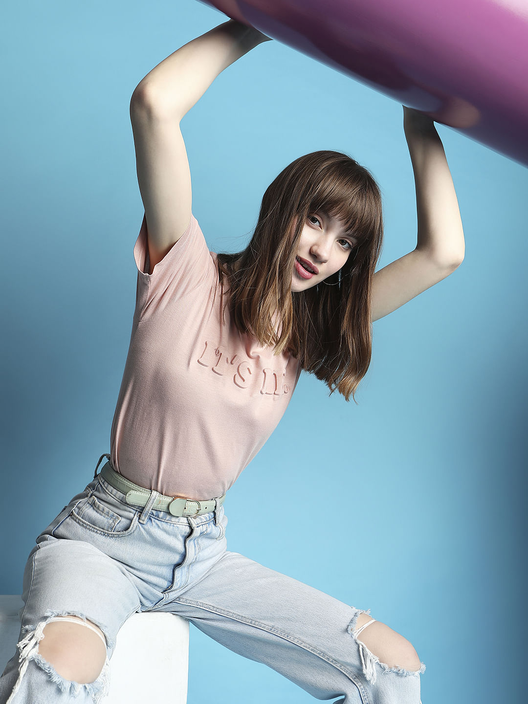 Pink Text Embossed Print T-Shirt