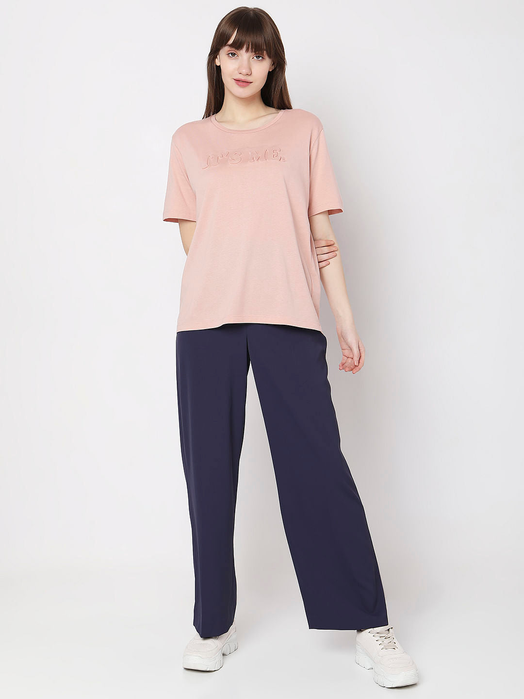 Pink Text Embossed Print T-Shirt