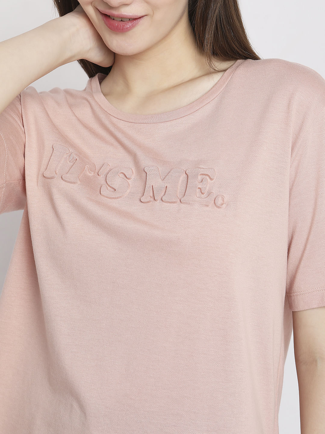 Pink Text Embossed Print T-Shirt