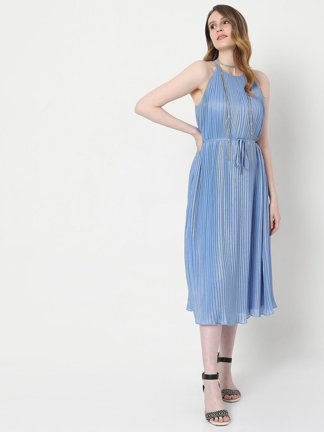 Blue Pleated Midi Dress