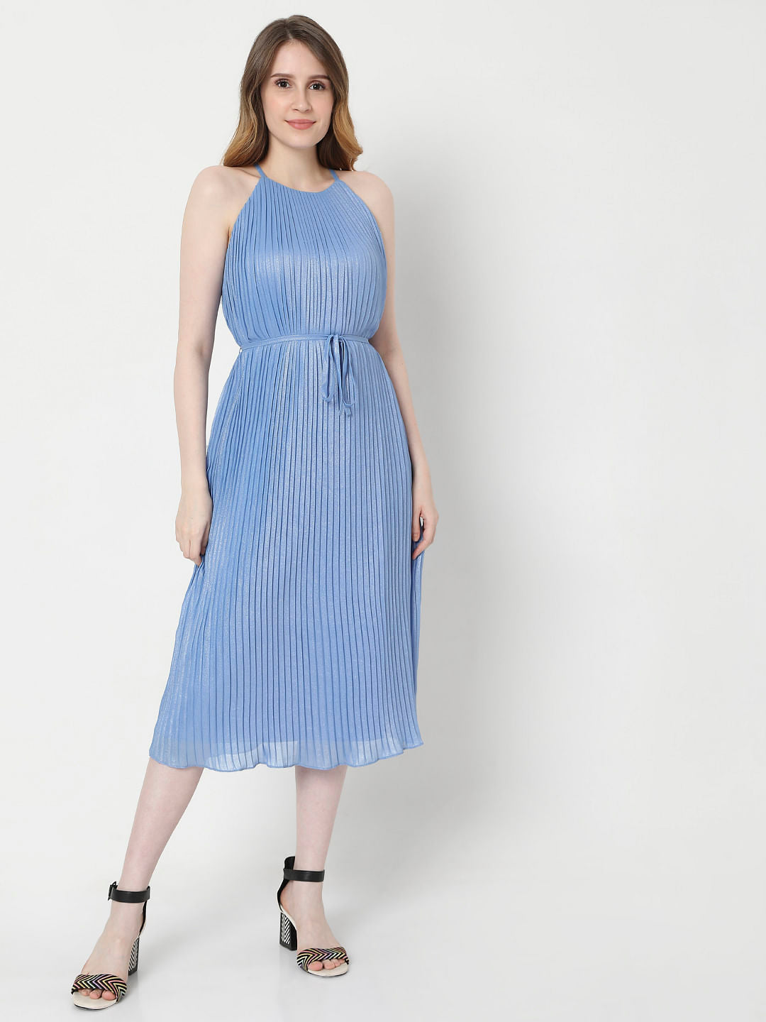 Blue Pleated Midi Dress