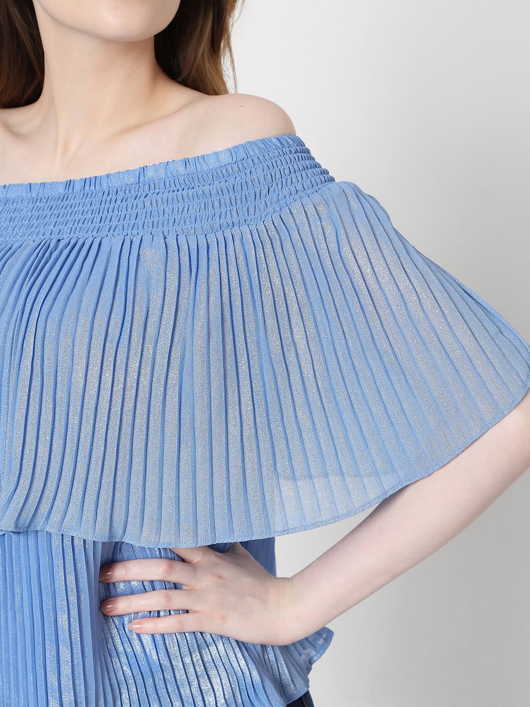 Blue Off-Shoulder Pleated Top