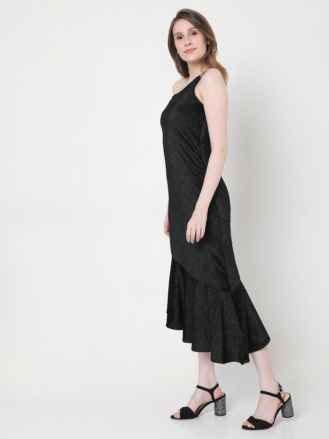 Black One Shoulder Striped Dress