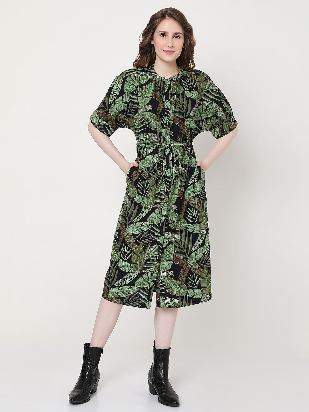 Green Tropical Print Shirt Dress