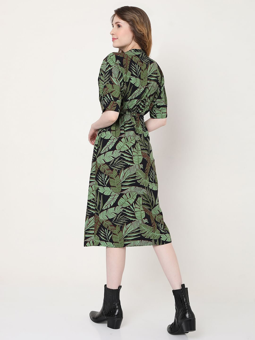 Green Tropical Print Shirt Dress