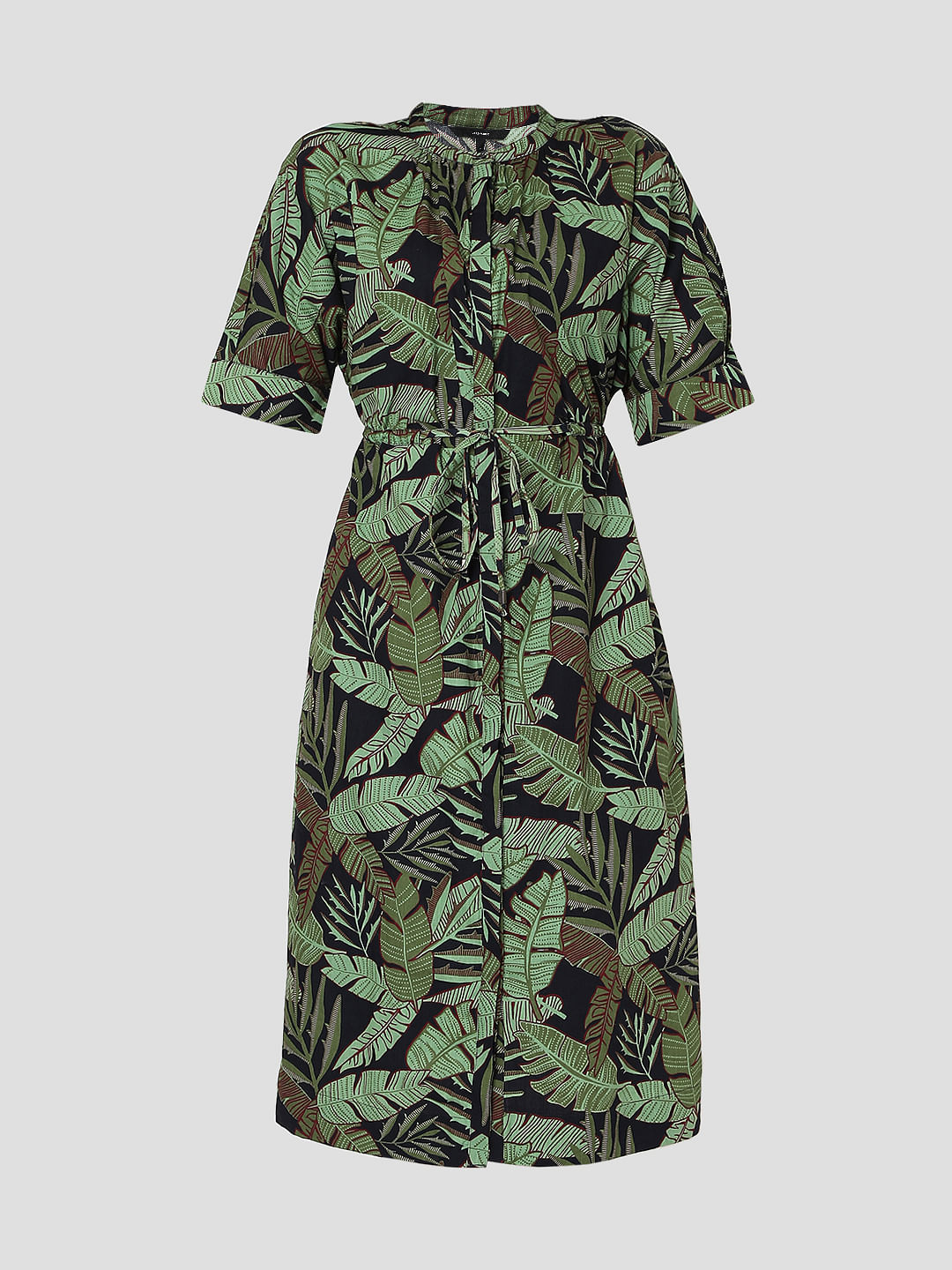 Green Tropical Print Shirt Dress
