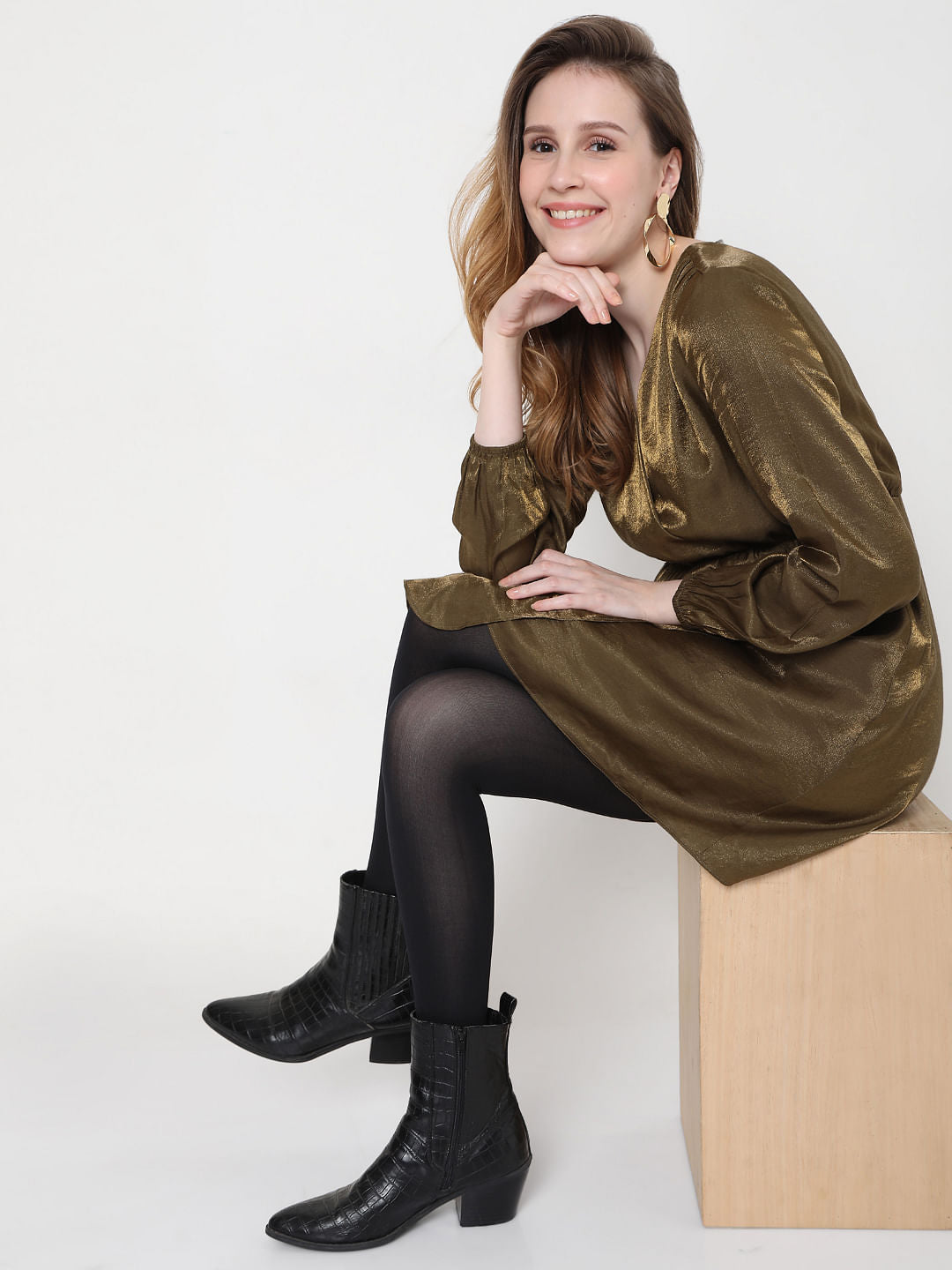 Green Metallic Overlap Dress