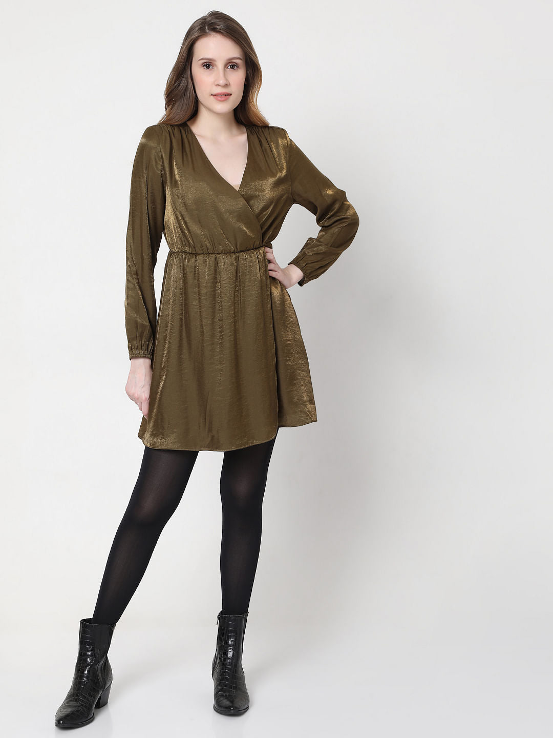 Green Metallic Overlap Dress