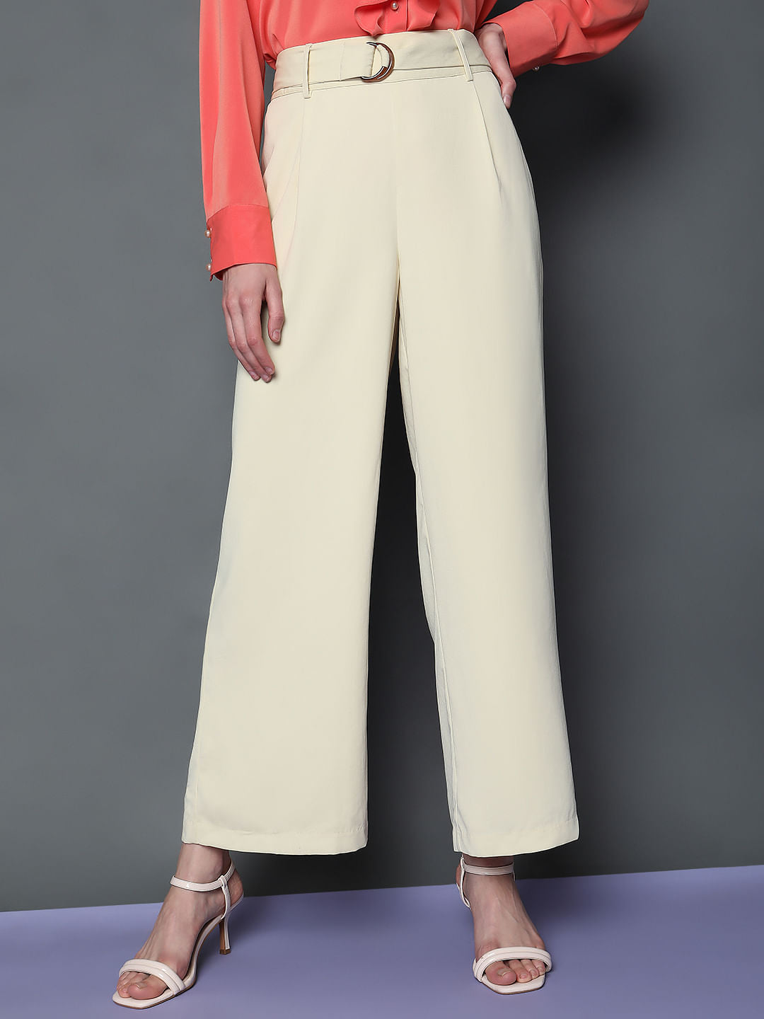 Beige High Rise Wide Leg Pants
