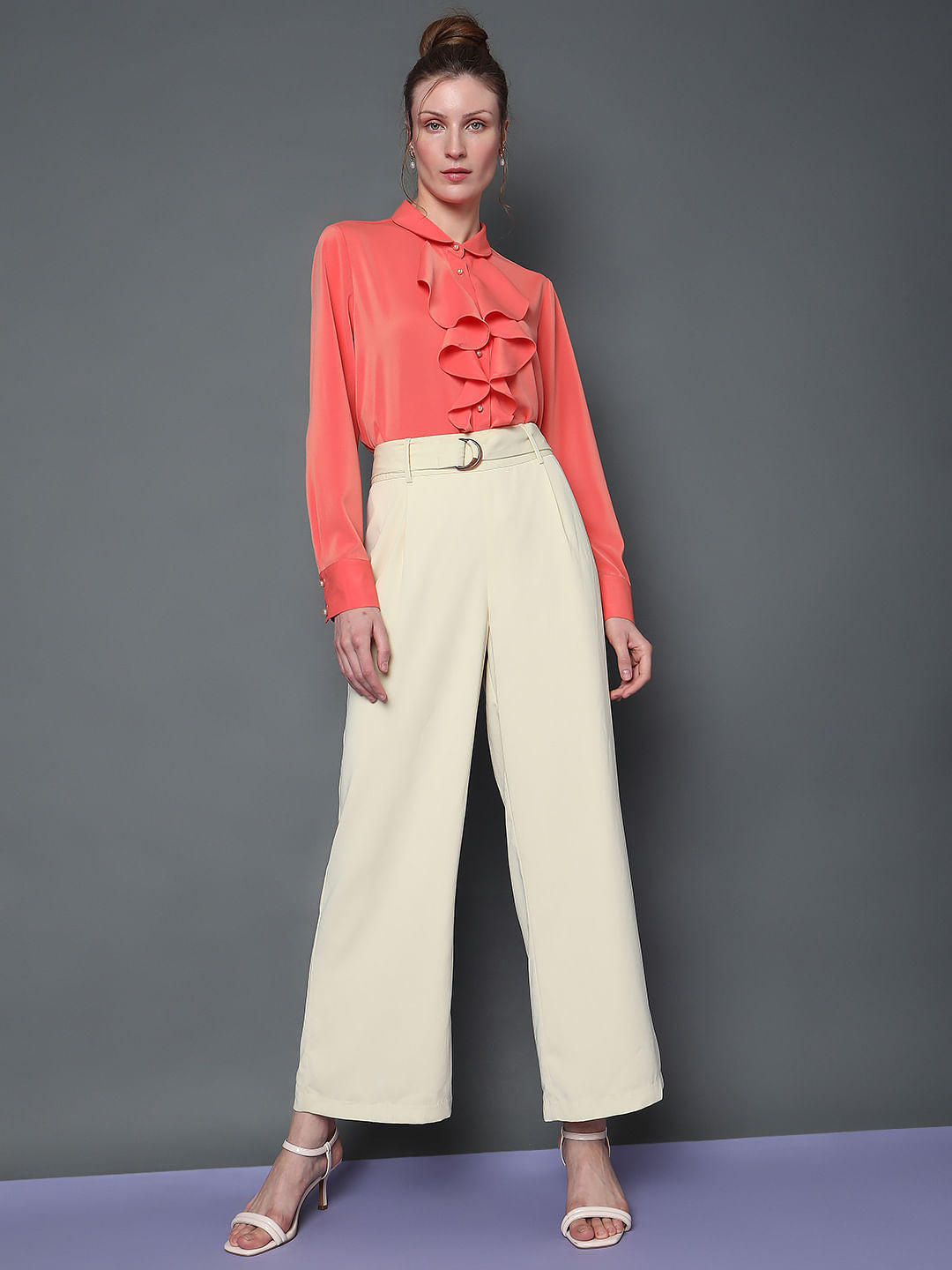 Beige High Rise Wide Leg Pants