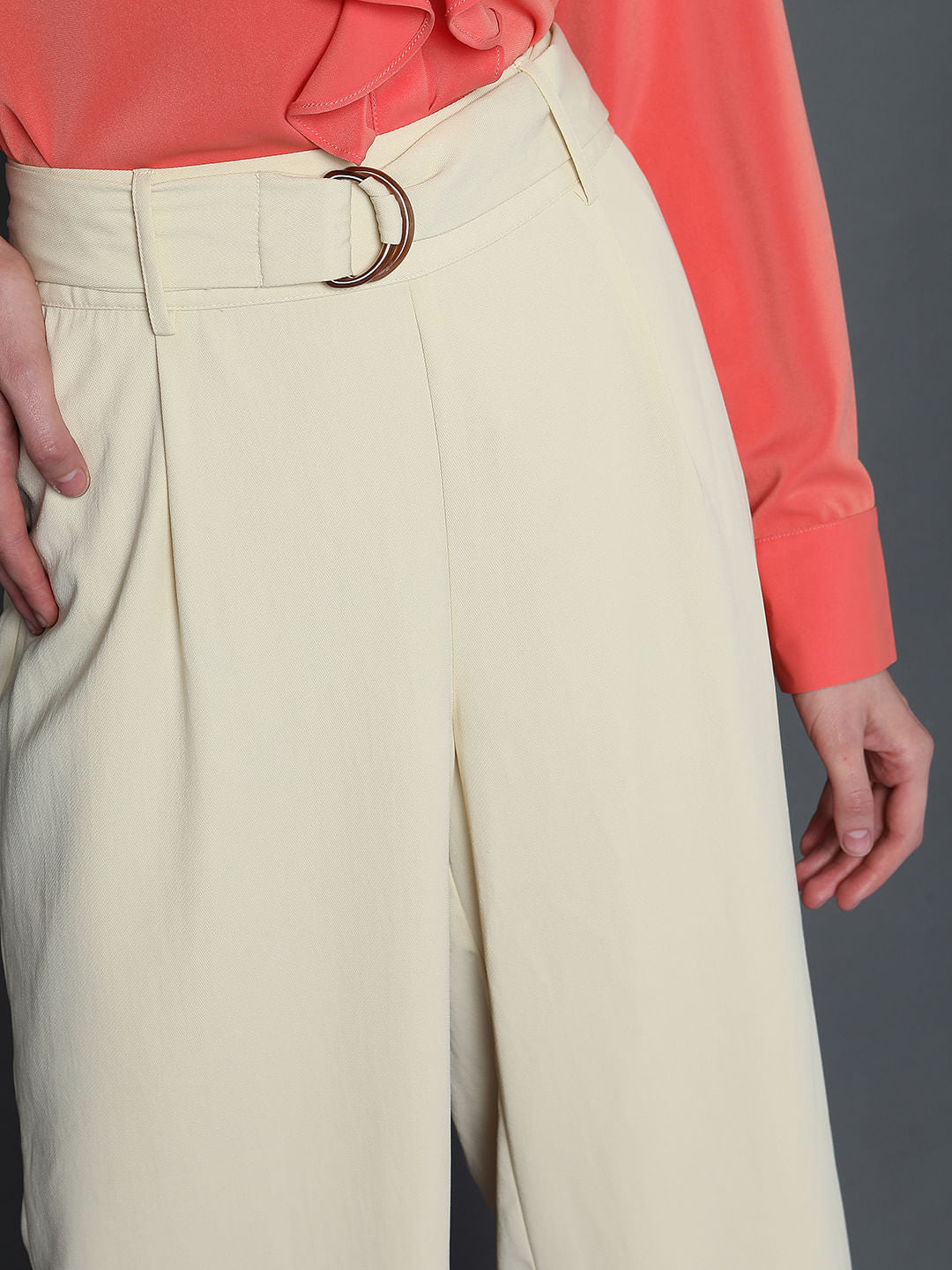 Beige High Rise Wide Leg Pants
