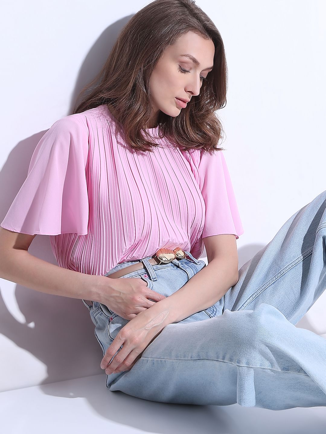 Pink Pleated Flared Top