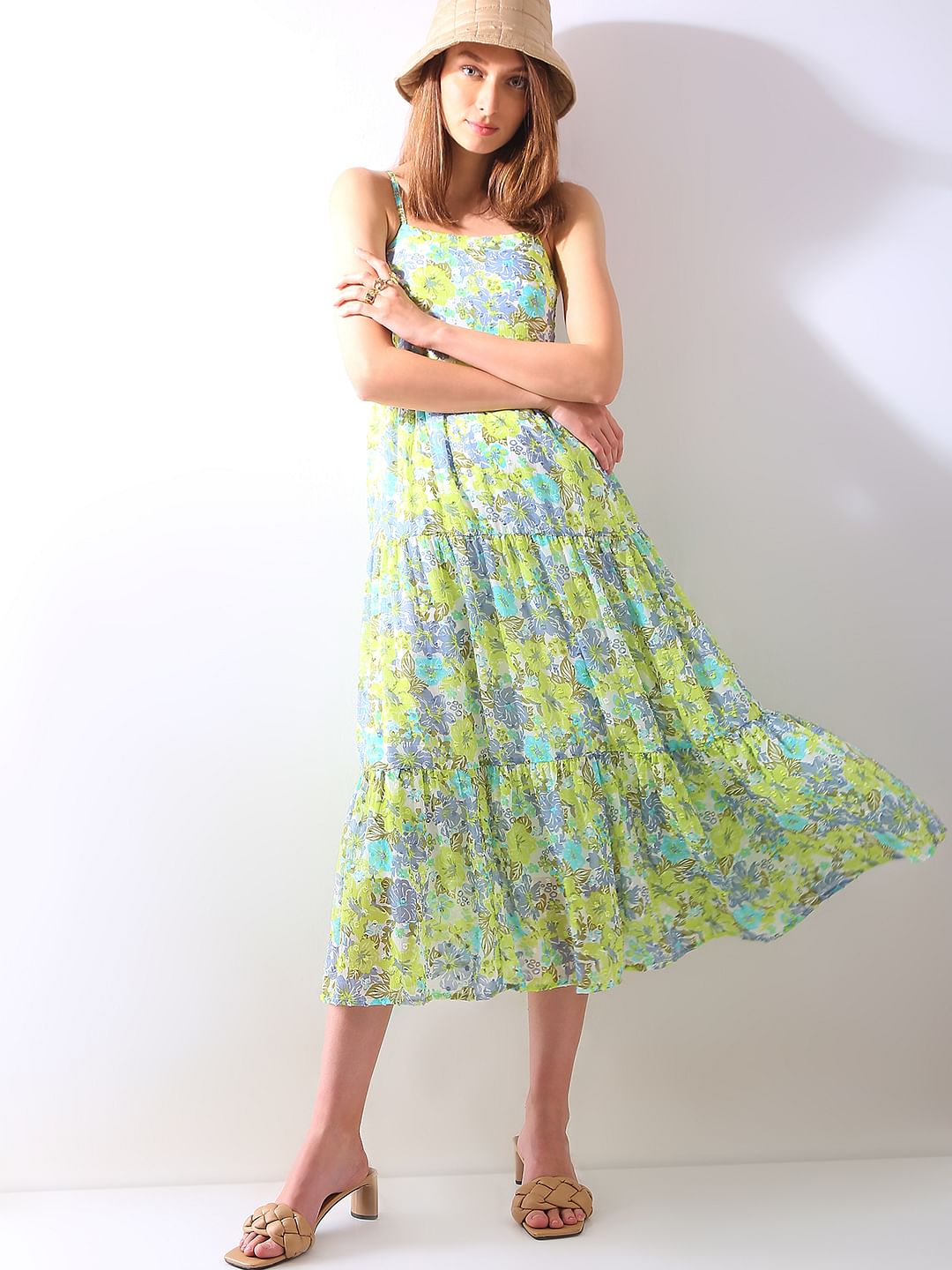 Green Floral Print Tiered Dress