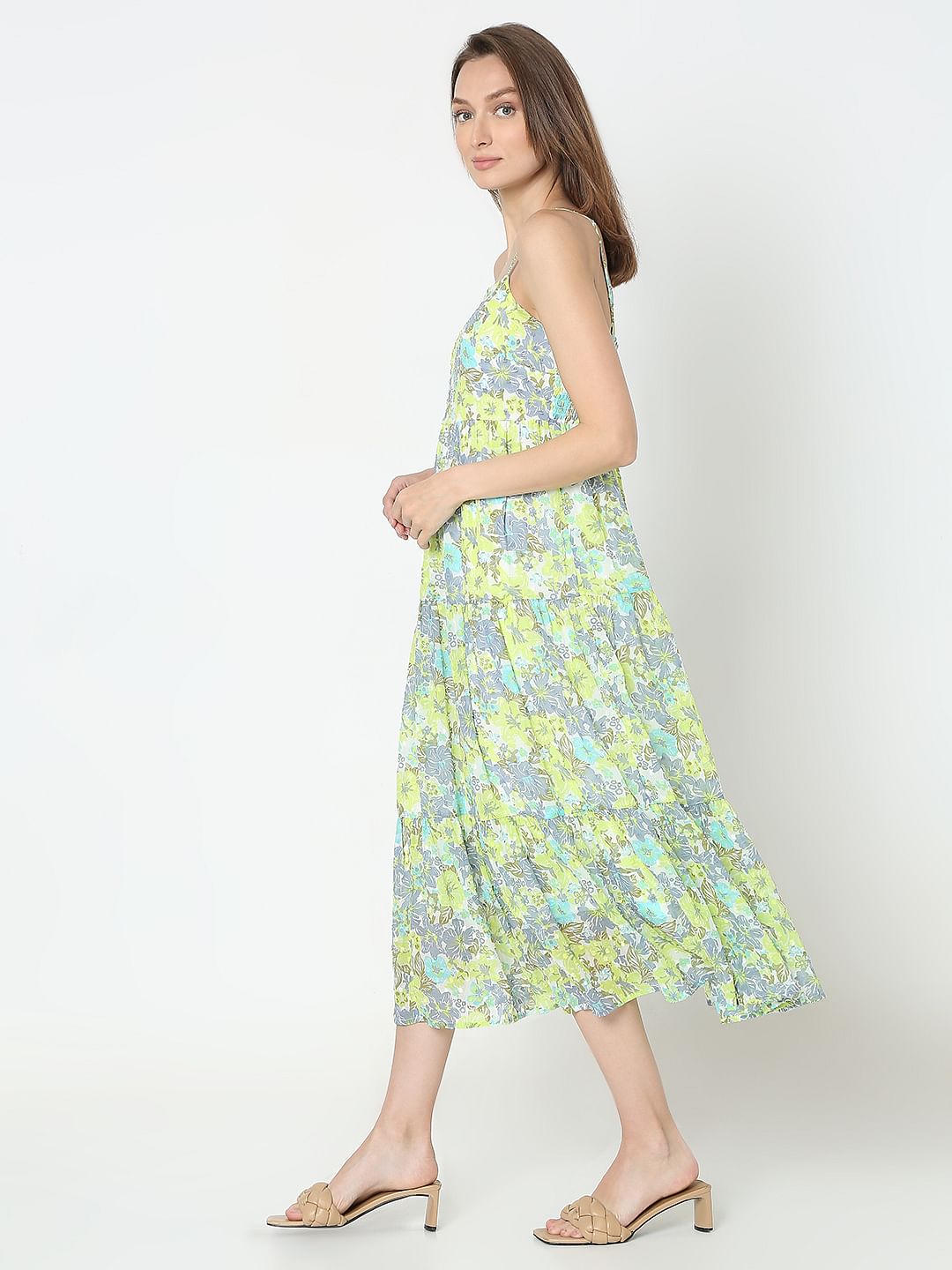 Green Floral Print Tiered Dress