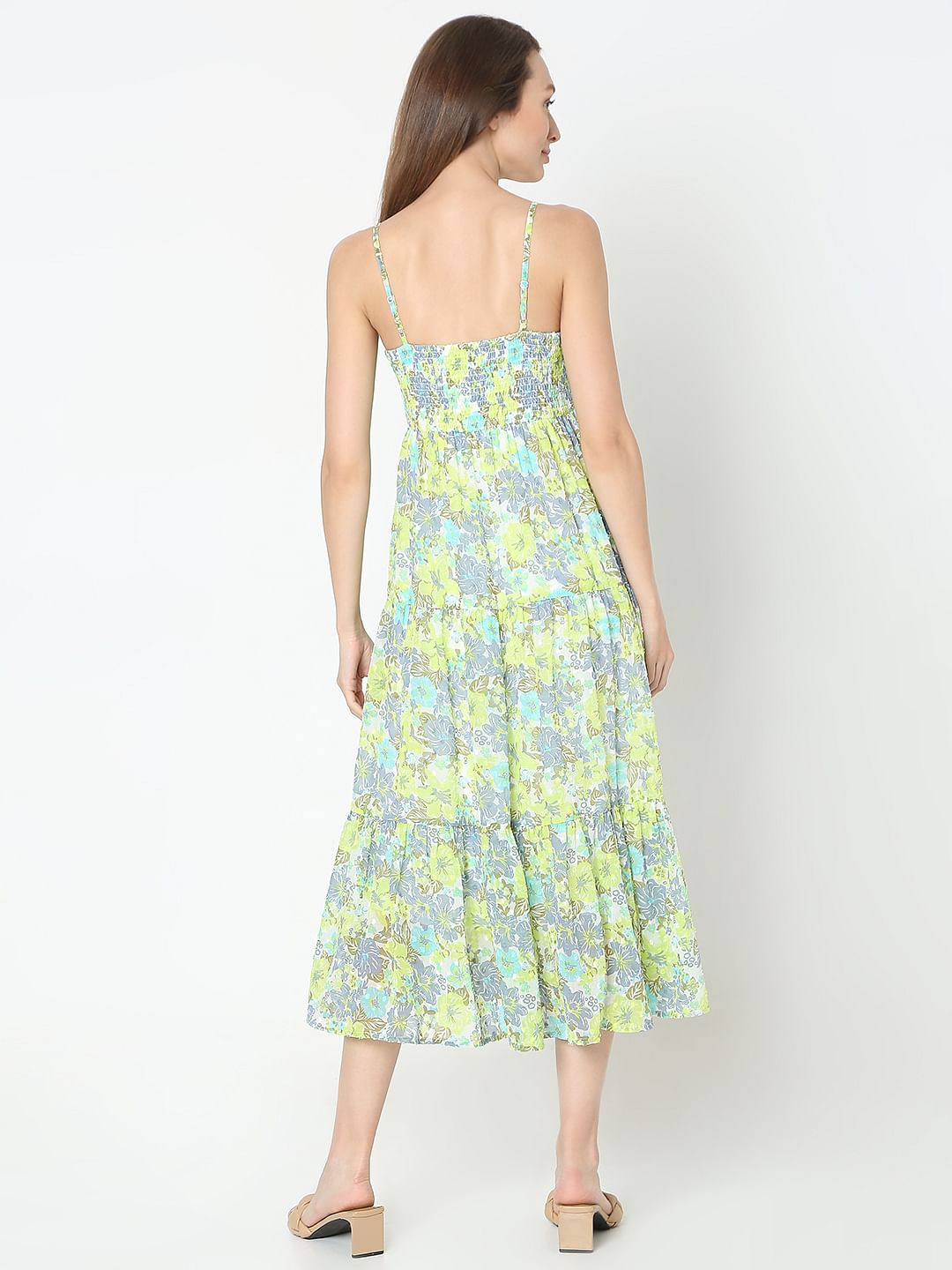 Green Floral Print Tiered Dress
