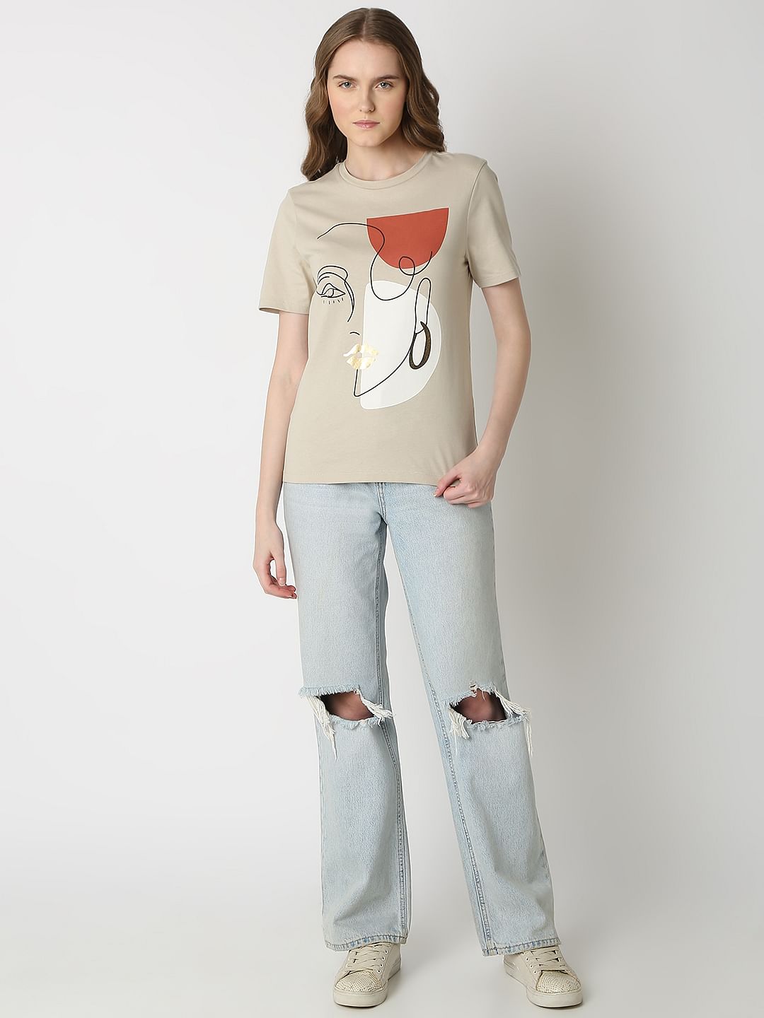 Beige Abstract Print T-Shirt