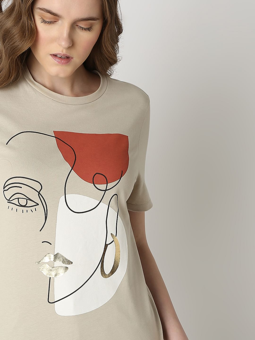Beige Abstract Print T-Shirt