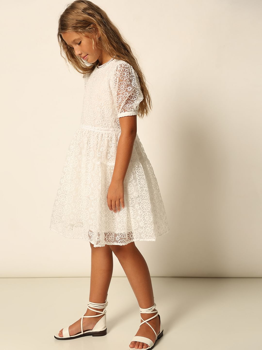 Girls White Floral Textured Dress