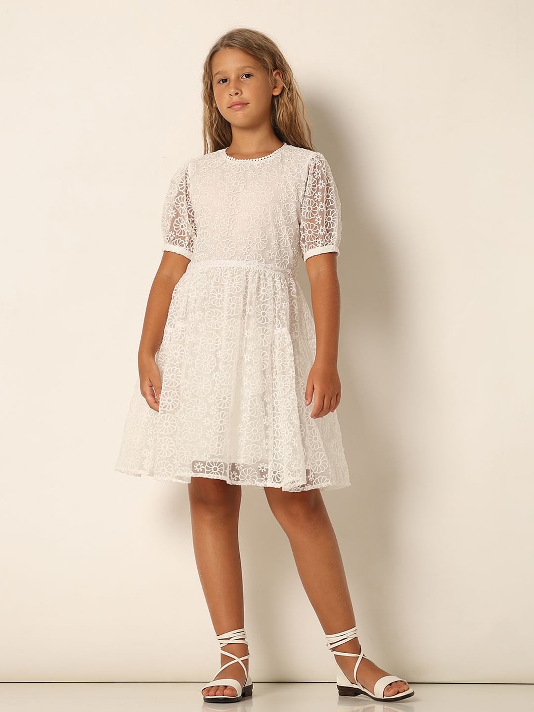Girls White Floral Textured Dress