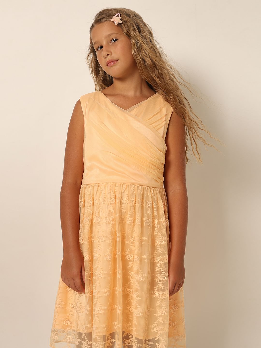 Girls Peach Fit & Flare Party Dress