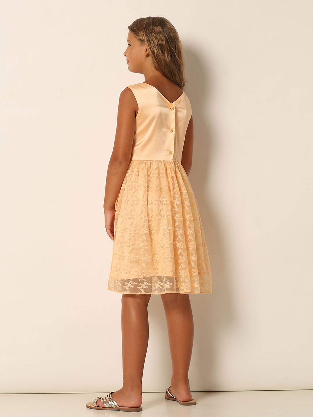 Girls Peach Fit & Flare Party Dress