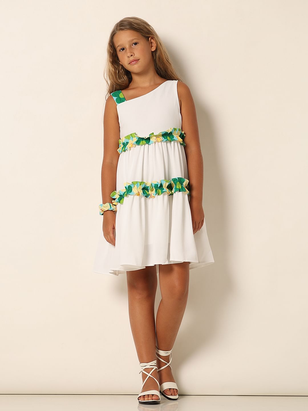 Girls White Tiered Fit & Flare Dress