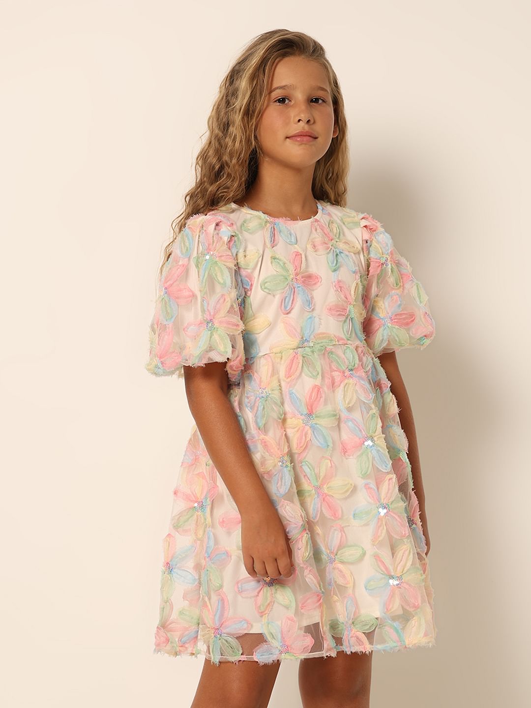 Girls White Textured Fit & Flare Dress