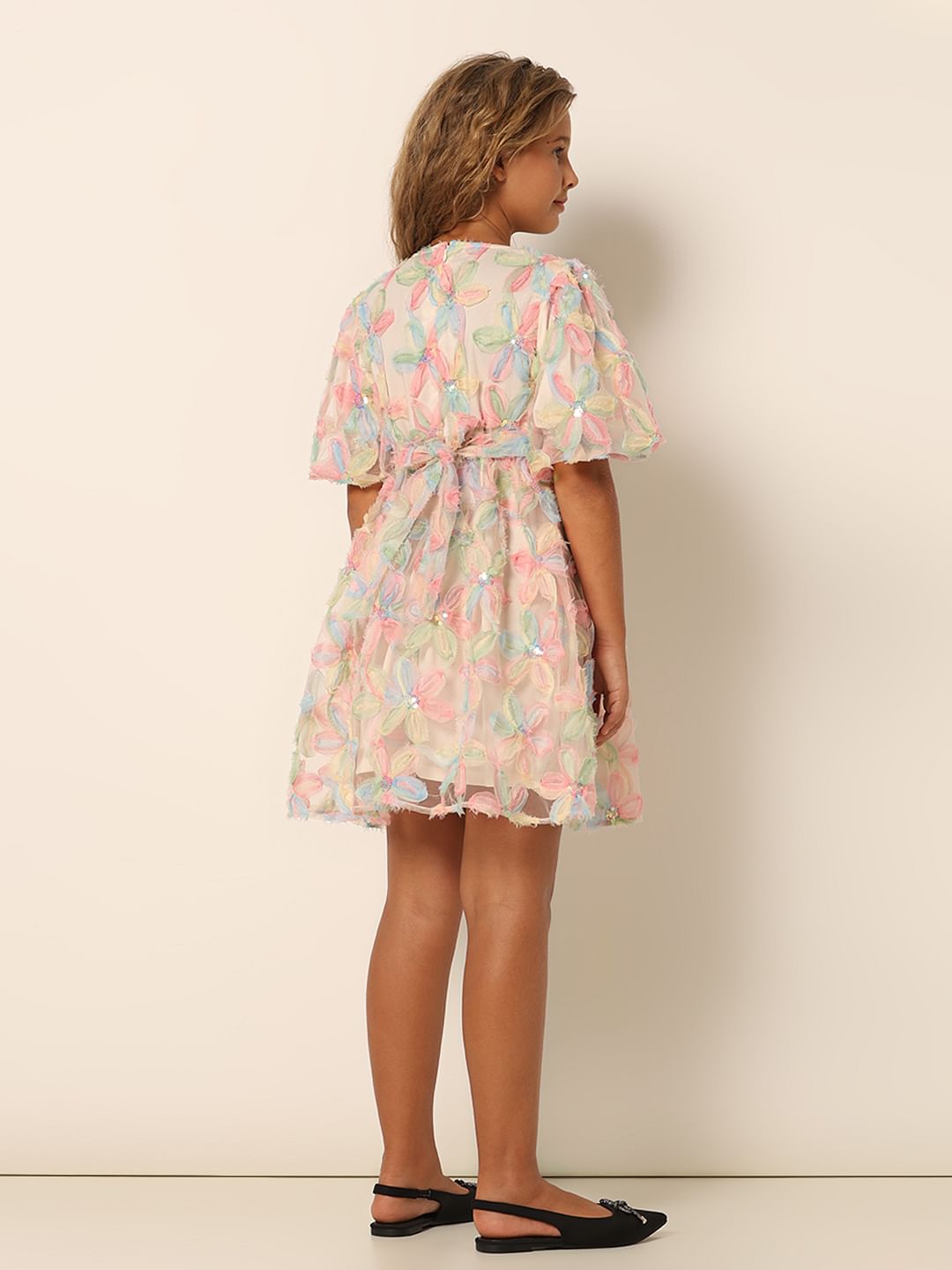 Girls White Textured Fit & Flare Dress