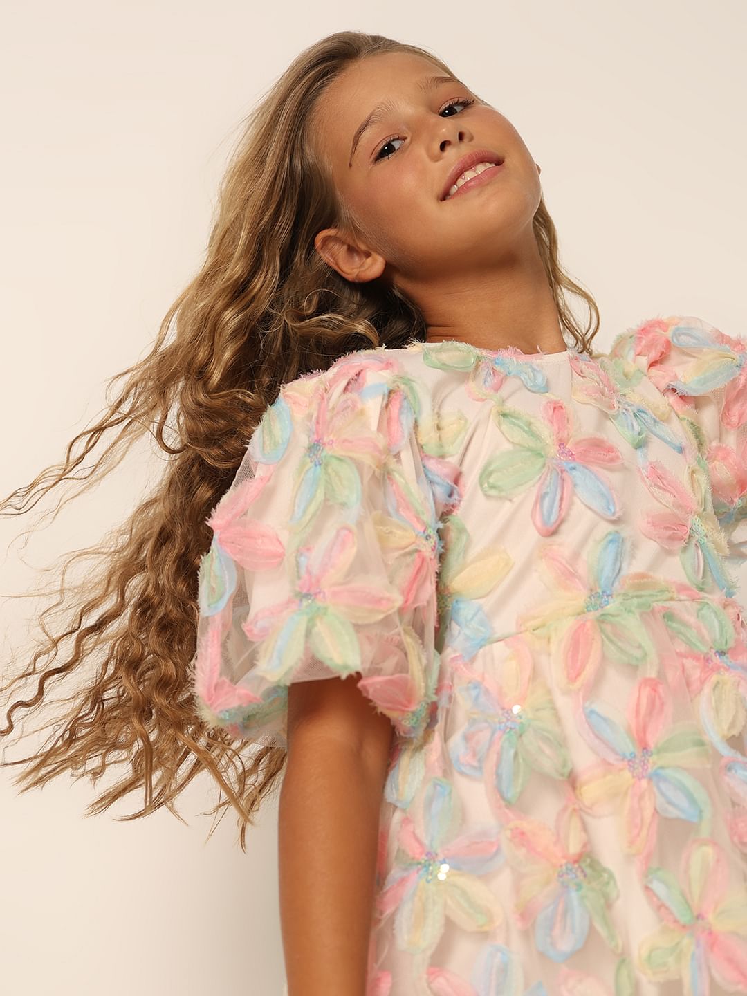 Girls White Textured Fit & Flare Dress