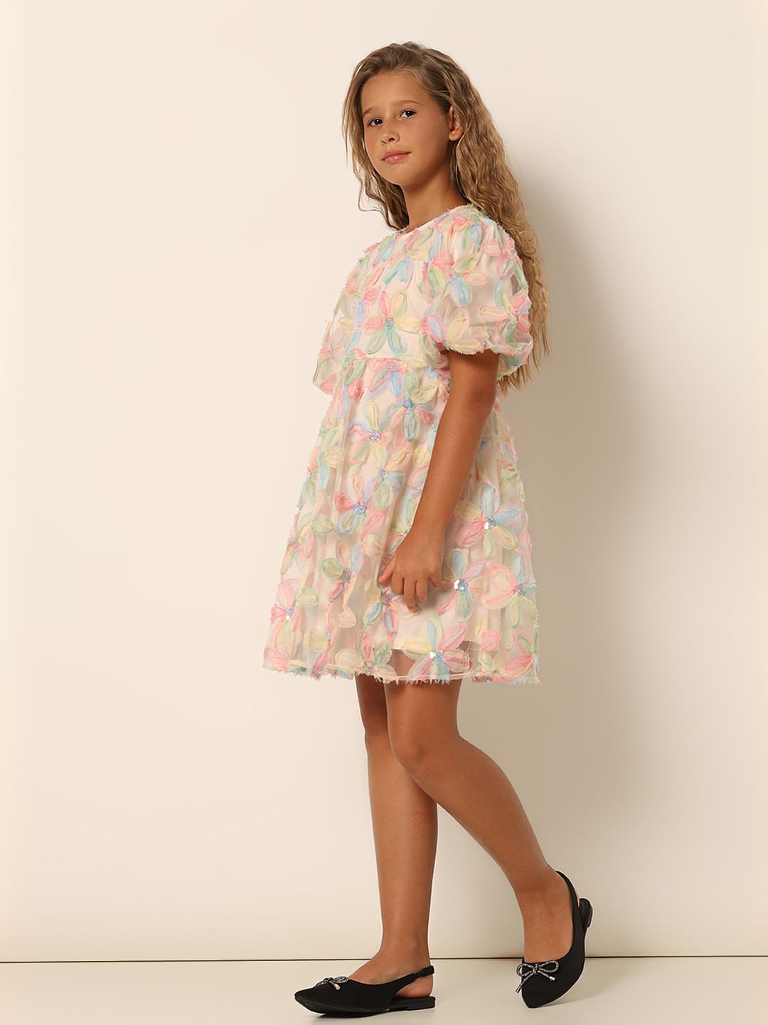 Girls White Textured Fit & Flare Dress