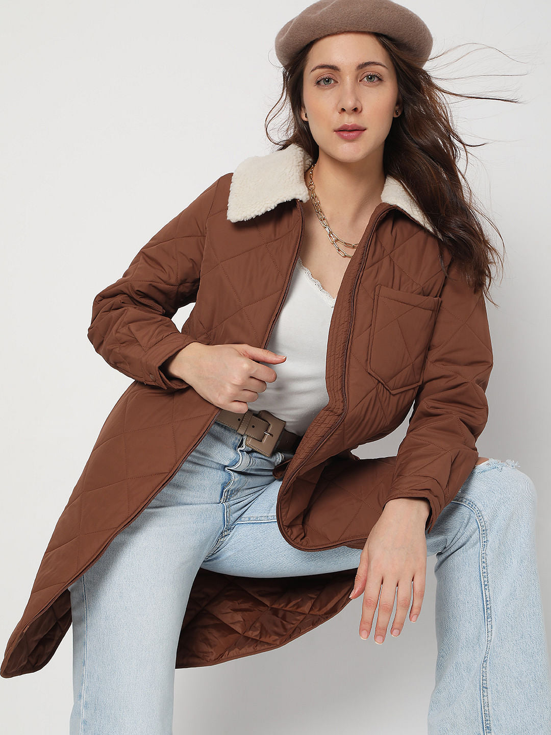 Brown Sherpa Collar Puffer Jacket