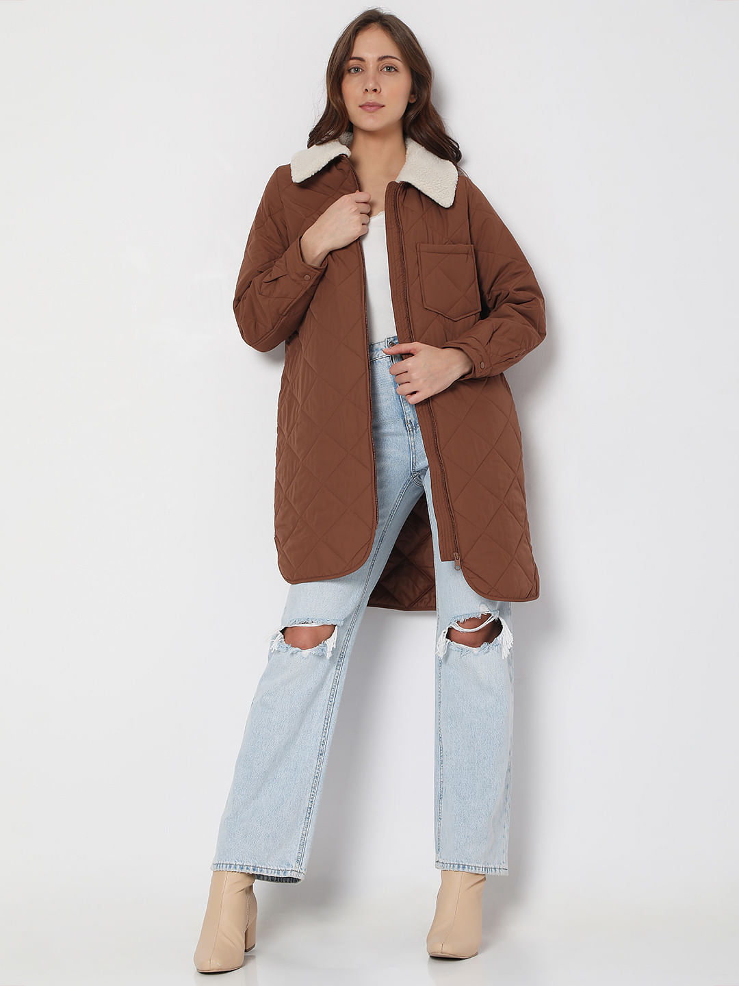 Brown Sherpa Collar Puffer Jacket