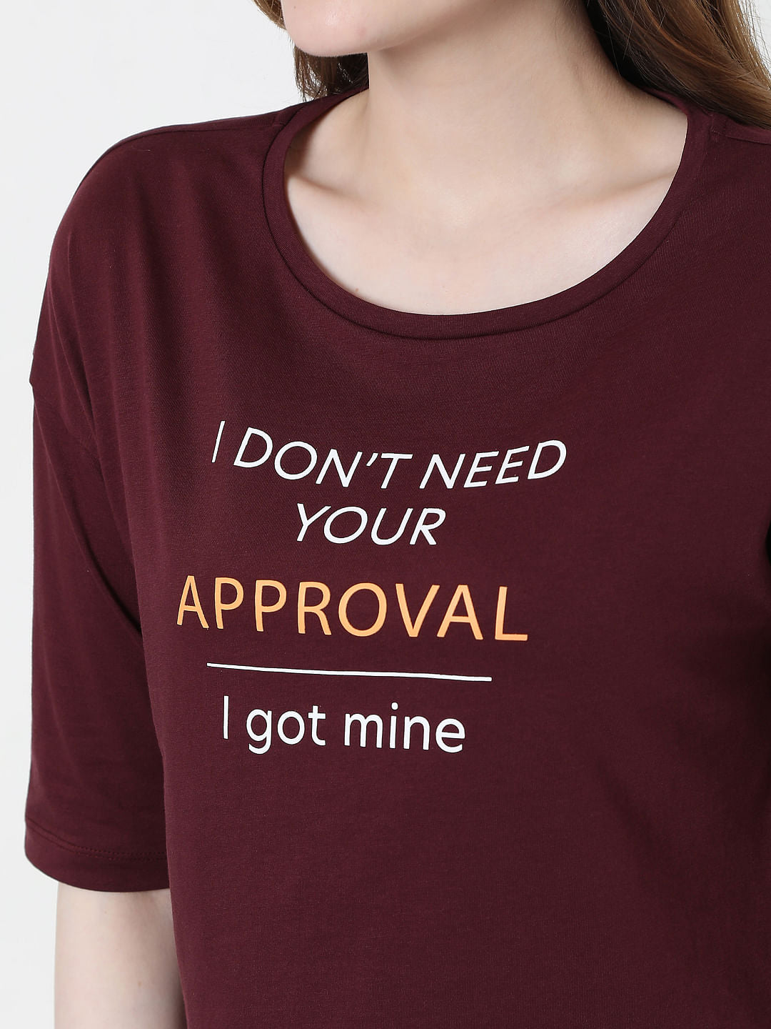 Maroon Slogan Print T-Shirt