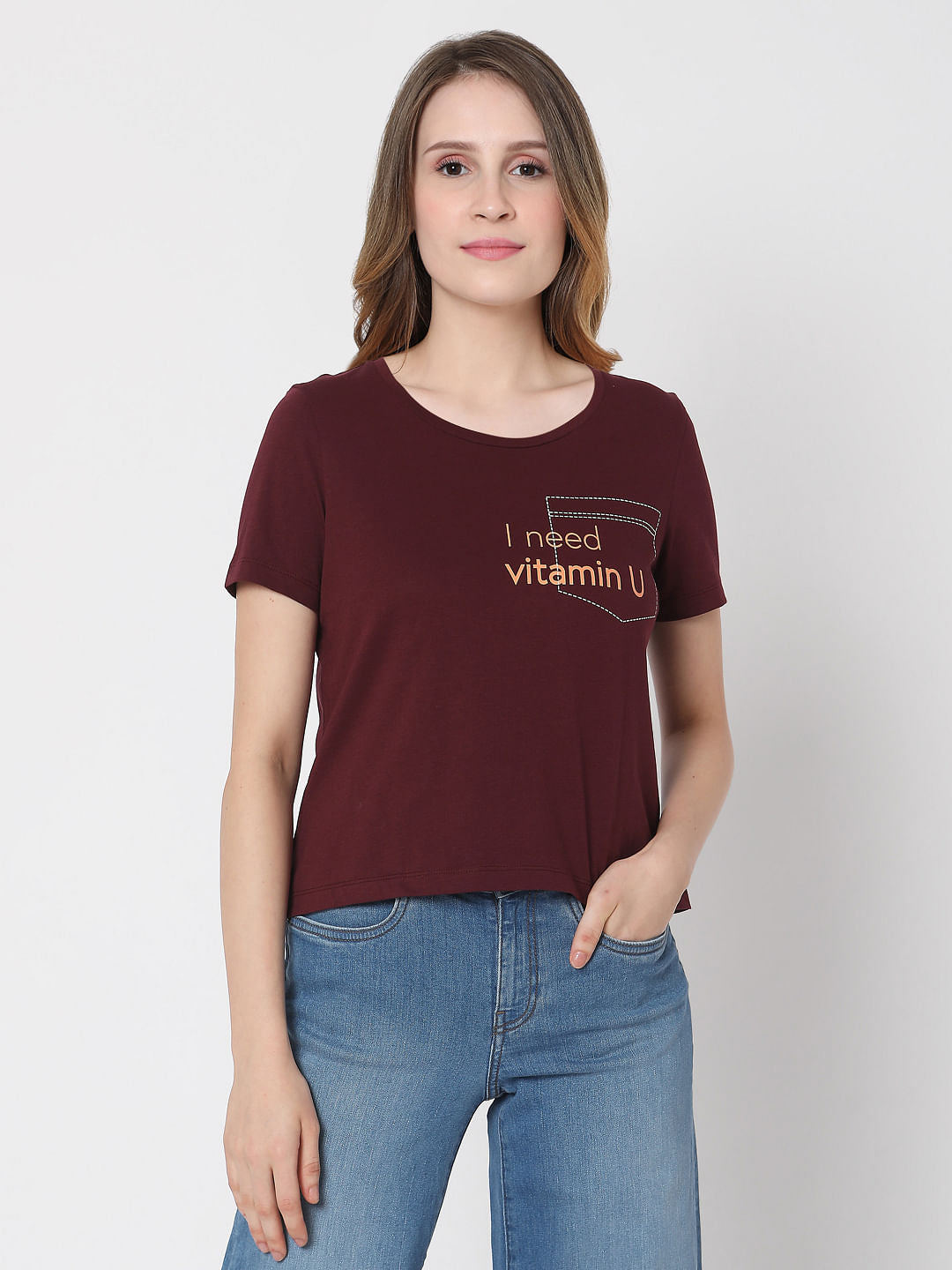 Maroon Slogan Print T-Shirt