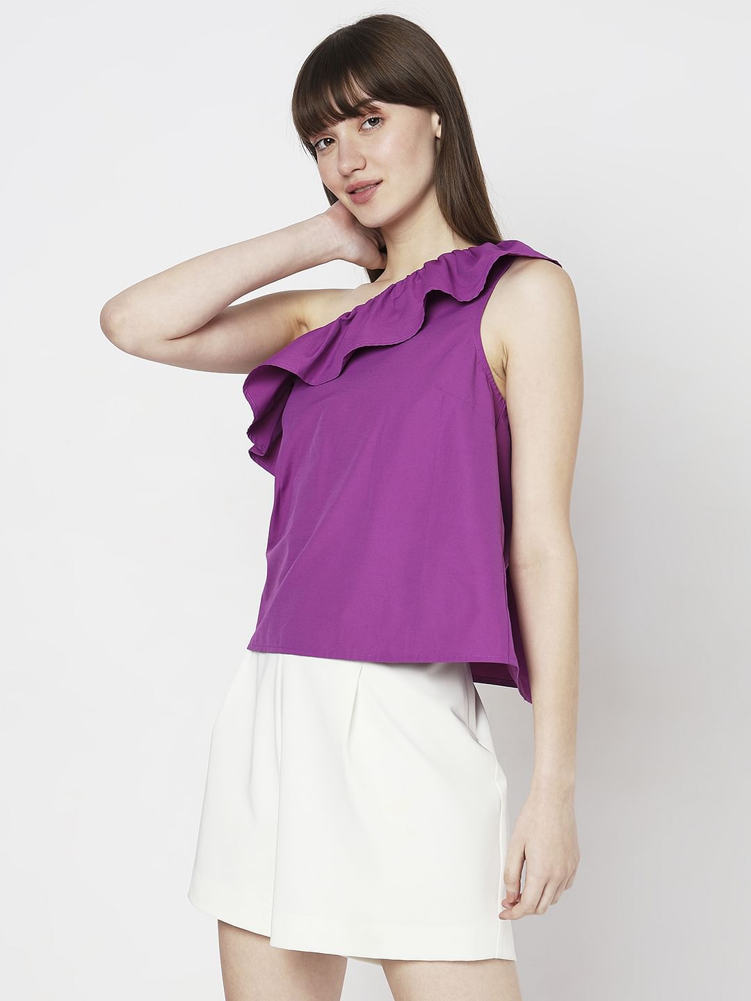 Purple One-Shoulder Ruffle Top
