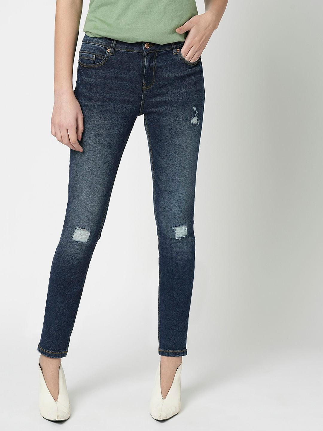 I.Scenery By Vero Moda Dark Blue Mid Rise Distressed Wendy Skinny Jeans