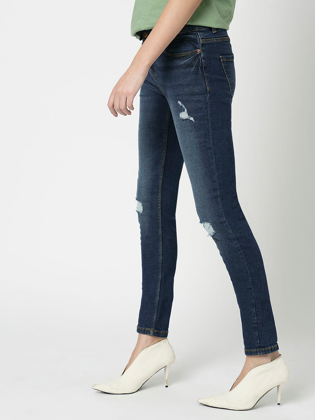 I.Scenery By Vero Moda Dark Blue Mid Rise Distressed Wendy Skinny Jeans